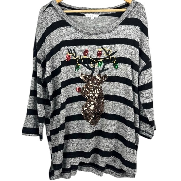 NWT Cleo Black & Grey Striped Sequin Reindeer Scoop Neck 1/2 Sleeve Top XL - Picture 4 of 9